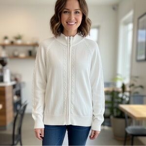 Daily Sports Women’s White Zip-Front Golf Cardigan Sweater M CableKnit Coastal